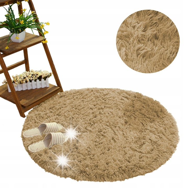 Кръгъл килим Shaggy CappuccinoCamel 80x80см, противоплъзгащ, мек