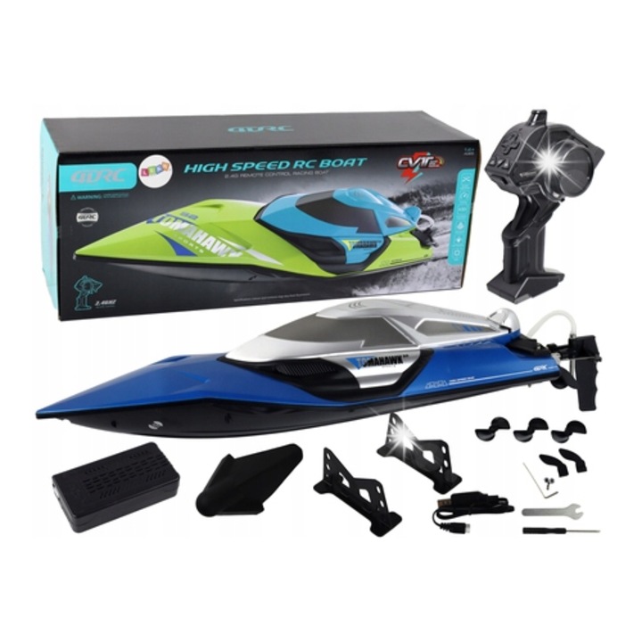 Barca cu telecomanda Lean Toys, motorina, lumini, albastra, 35x6x9cm, set complet