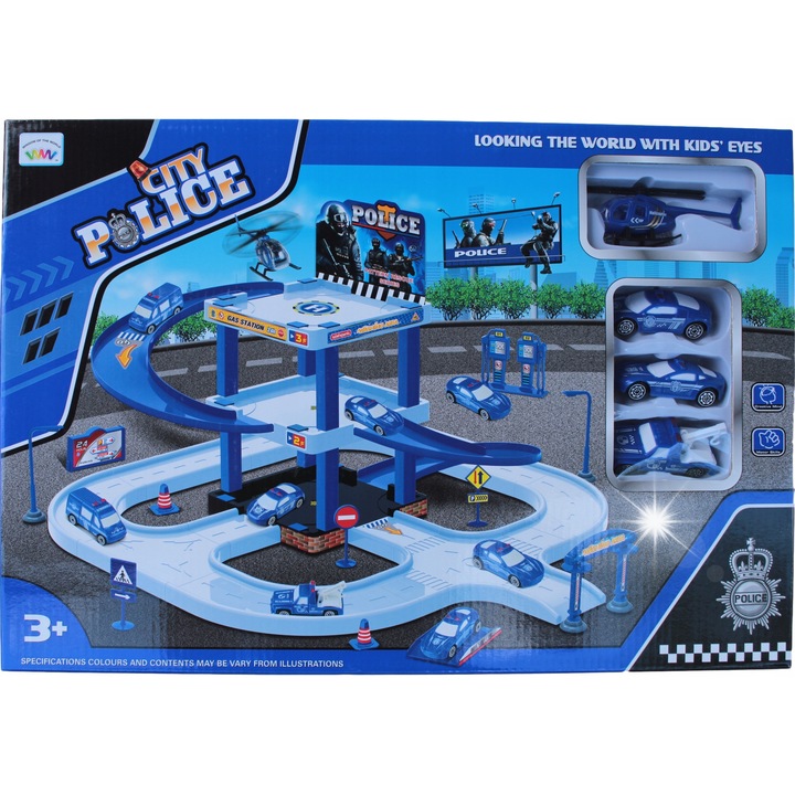 Set pista de politie cu masinute si elicopter, 45x31x6,5cm