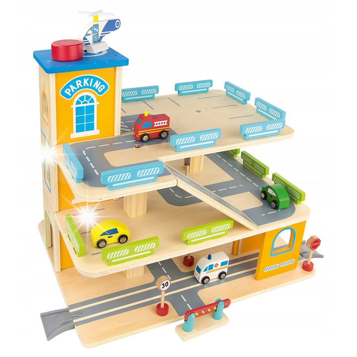 Дървен паркинг на 3 нива, Leomark, 9 колички, 44x36x40см, с асансьор и аксесоари