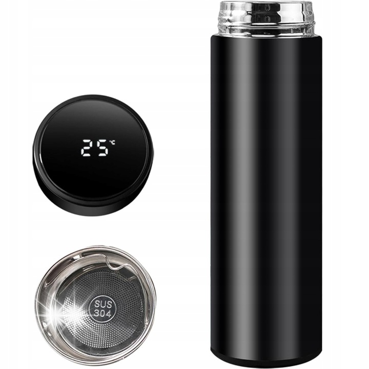Termos din inox cu display LED, capacitate 500ml, negru, 22.5x6.5cm