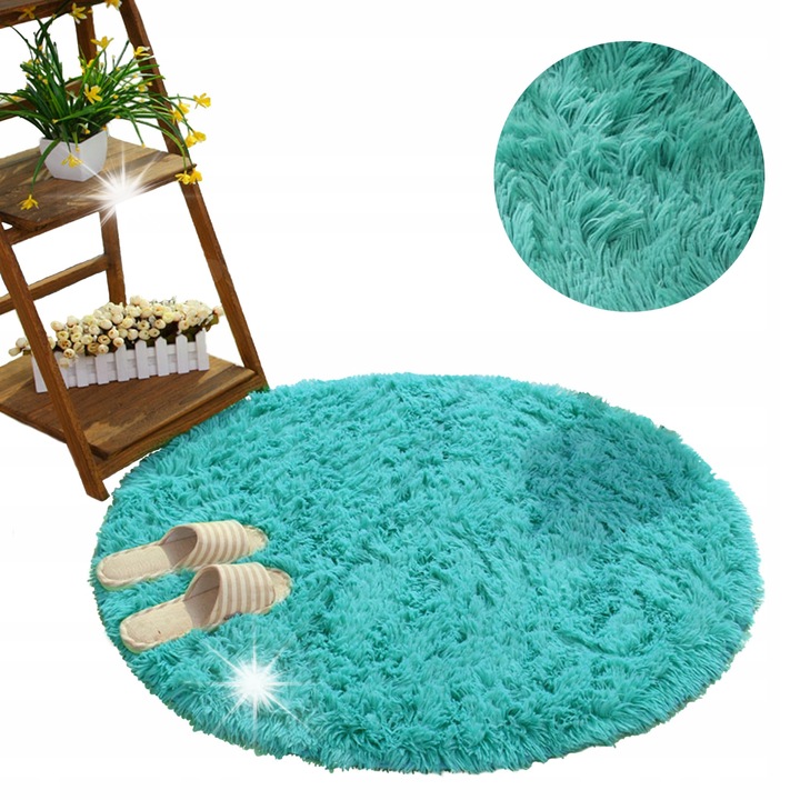 Кръгъл килим Shaggy 140 см, тюркоаз, противоплъзгащ, мек