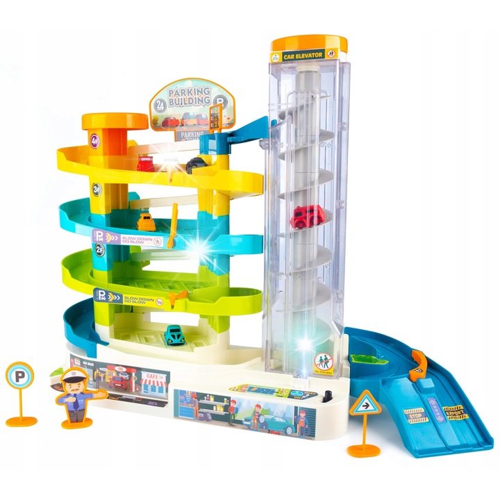 Интерактивен паркинг на 5 нива с асансьор и пързалка, 6 колички, елементи за движение, за деца 3+