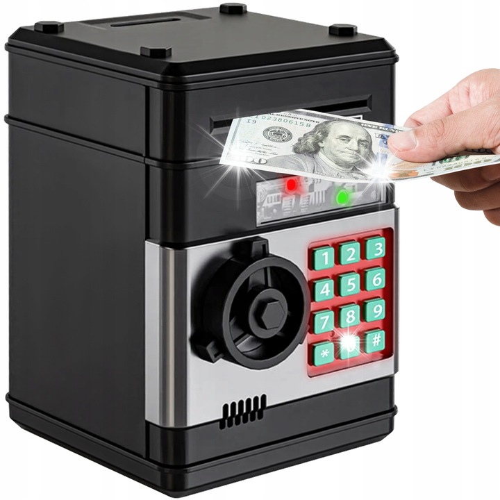 Seif electronic pentru bancnote si monede, Kruzzel, cu blocare PIN, efecte luminoase si sonore, 19,5x13x12cm