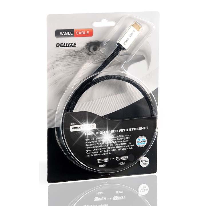 Кабел HDMI 2.0, Eagle Cable, Deluxe II, 10м, 4K UHD, черен