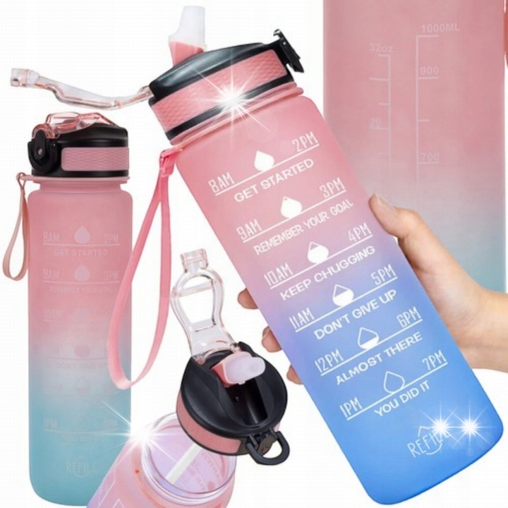 Мотивационна бутилка 1л, розово-синя, с капацитет 1000мл, система против обръщане, с персонализирани аксесоари