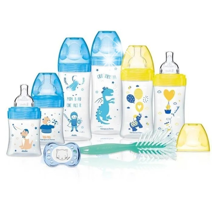 Set biberoane si accesorii Dodie, 6 bucati, anticolici, albastru, 0-2 luni