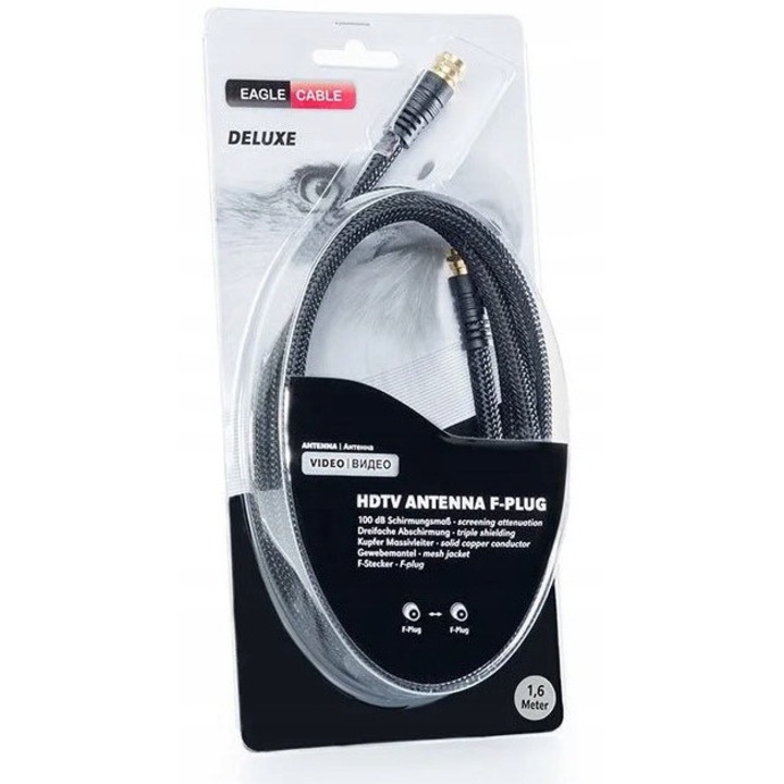 Cabluri antena F-Plug Eagle Cable, 1,6m, 75 Ohm, 100 dB, negru