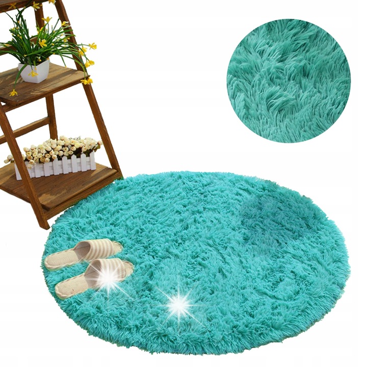 Кръгъл килим Shaggy 200 см, тюркоаз, противоплъзгащ, 3,5 см дебелина, комплект