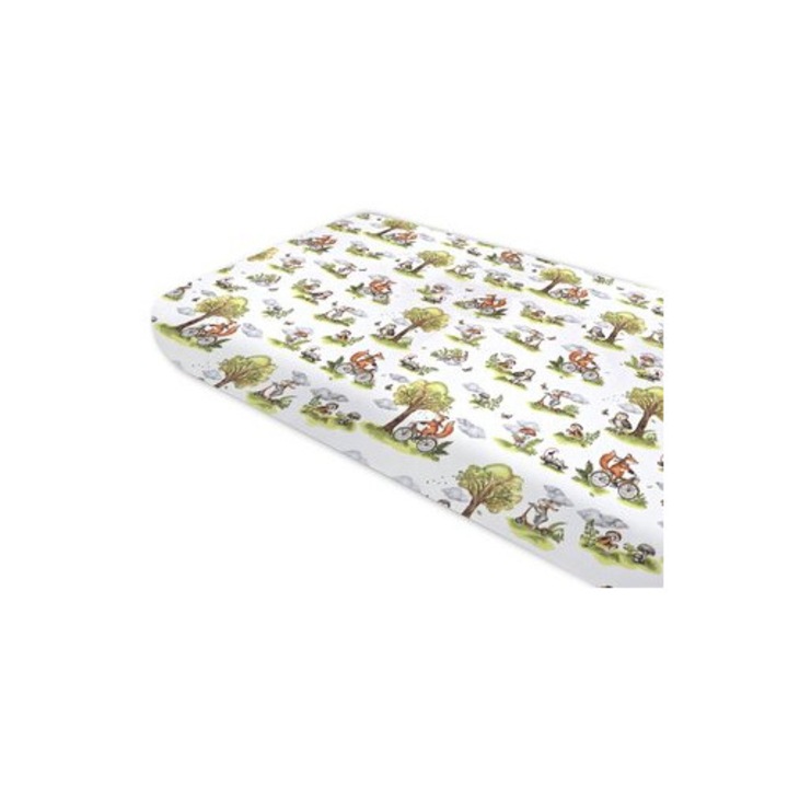 Cearceaf cu elastic, Qmini, Pentru pat 160x80 cm, Din bumbac certificat Oeko Tex Standard 100, Fox on bikes Natural