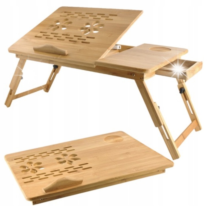 Masa pentru laptop Ruhhy, bambus, 67x28x26,5cm, ventilata, inaltime si unghi ajustabile, suport pentru laptop, cu sertar