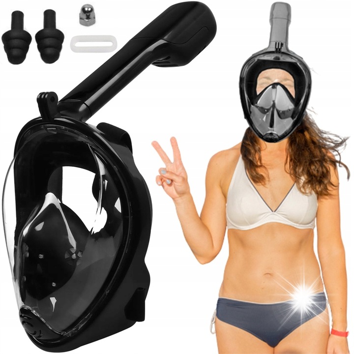Маска за шнорхелинг Retoo S/M, 180° видимост, държач за камера, черна, пълен комплект