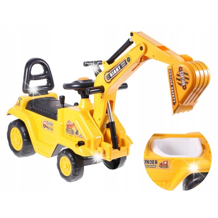Buldoexcavator mare cu cupă mobilă, 105x58x23cm, pentru copii 2 ani+, cu olita montată sub scaun, galben