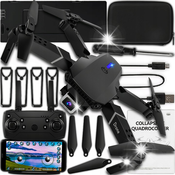 Dron E95 PRO, 2 camere WIFI HD, zbor 350m, set cu 3 acumulatori, 25x20x5,5cm