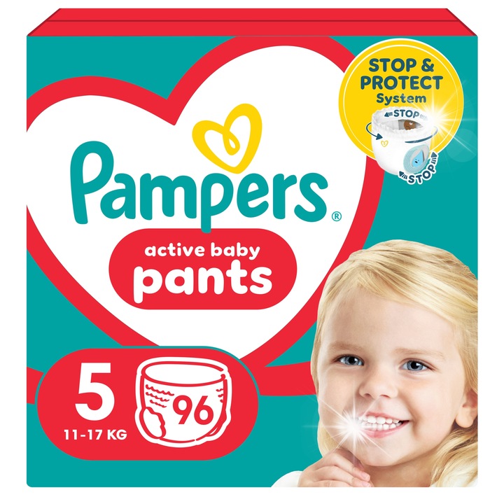 Пелени Pampers Pants 5, 12-17кг, комплект 96 броя, Stop & Protect, 360° прилягане