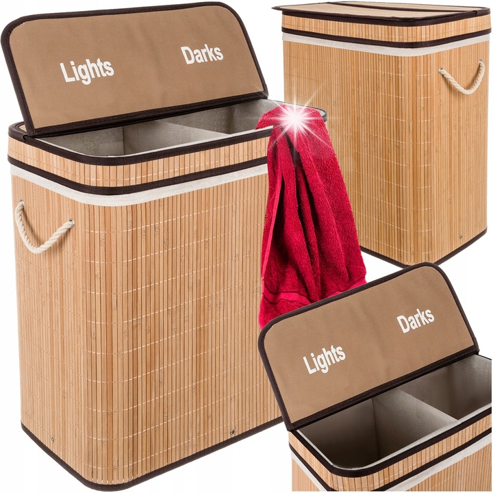 Cos de rufe din bambus, 100L, doua compartimente, culoare maro, dimensiuni 60x54x35cm