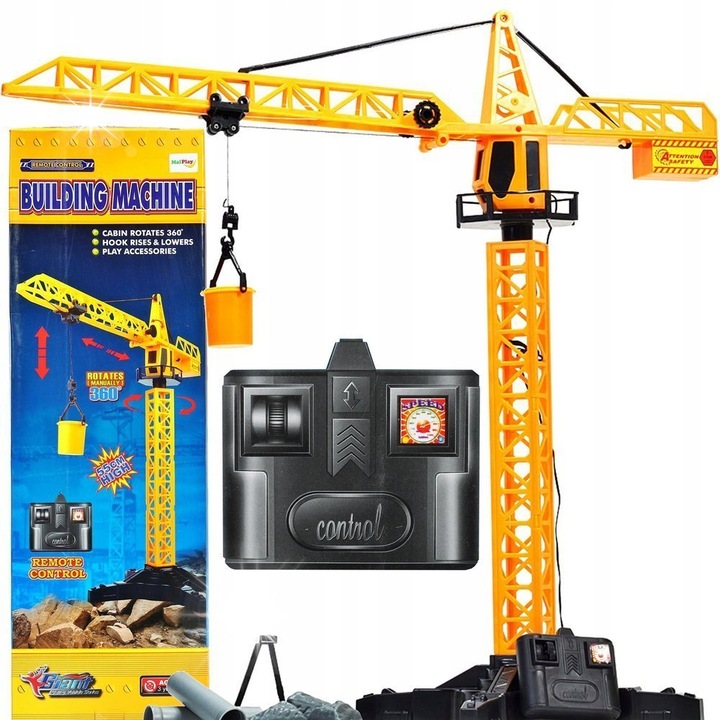 Играчка кран MalPlay, 55 см, с дистанционно управление, въртене на 360°, комплект с аксесоари