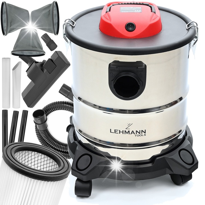 Ipari porszívó Lehmann Haddo 2000W, 20L, fúvó funkció, porzsák nélküli, fém, piros-fekete