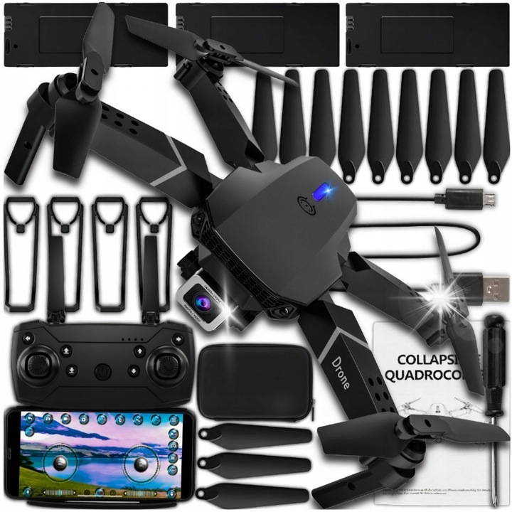 Dron E95 PRO, 2 camere HD, zbor stabilizat, 3 acumulatori, 25x20x5,5cm