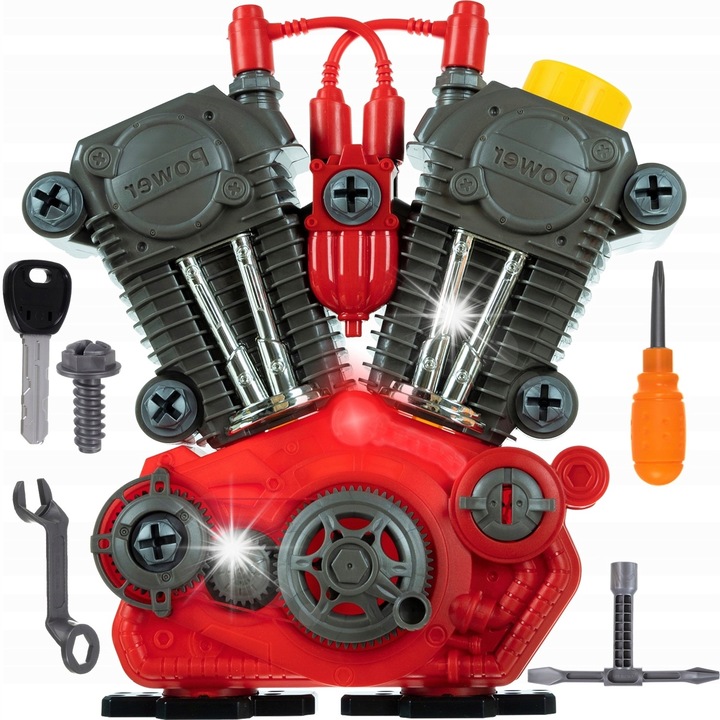 Motor de dezmembrat cu sunet si lumini LED, Kruzzel, rosu/gri, 25x25x6,5cm, set complet