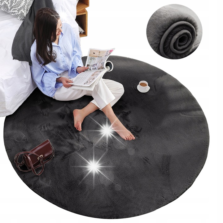 Strado Rabbit kerek szőnyeg, fekete, 80x80cm, antiallergén, puha