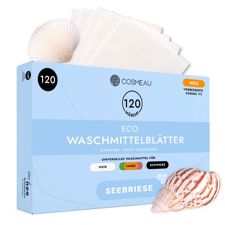 Cosmeau Leaves Sea Breeze mosószer, 120 lapos készlet, biológiailag lebomló, fehér és színes ruhákhoz