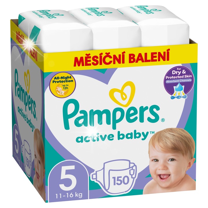 Пелени Pampers Active Baby 5, комплект 150 броя, 11-16 кг, бърза абсорбция, защита срещу протичане