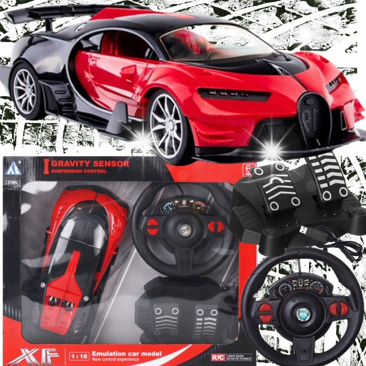 Masinarc Zdalnie Sterata Bugatti, 1:16, cu LED-uri, set cu volan si pedale, 28x14x9cm