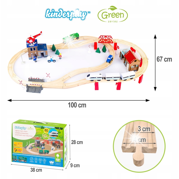 Set Trenulete de Jucarie, Kinderplay, 80 Elemente, Pociag cu 2 Wagoni, Dimensiune 100x67cm, Multicolor