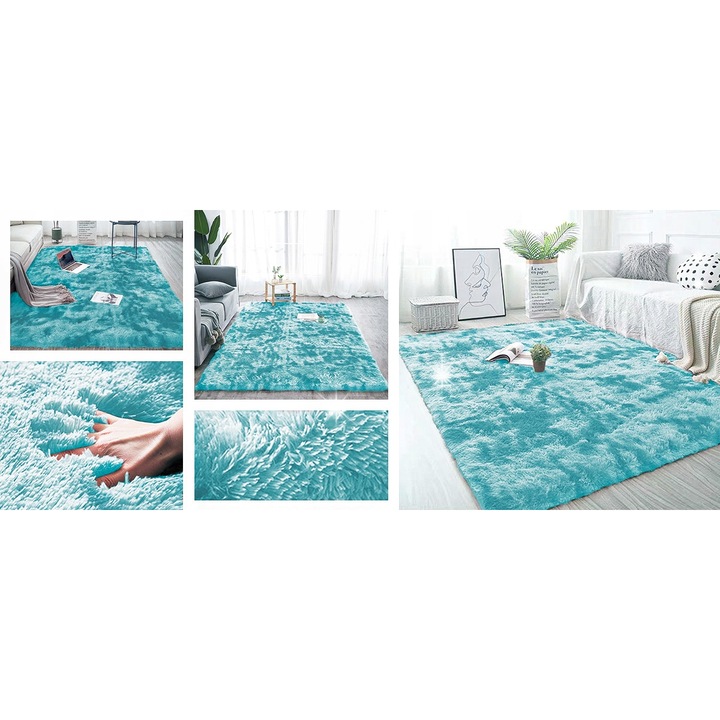 Covor Shaggy Ombre albastru 80x150 cm, antiderapant, moale, set
