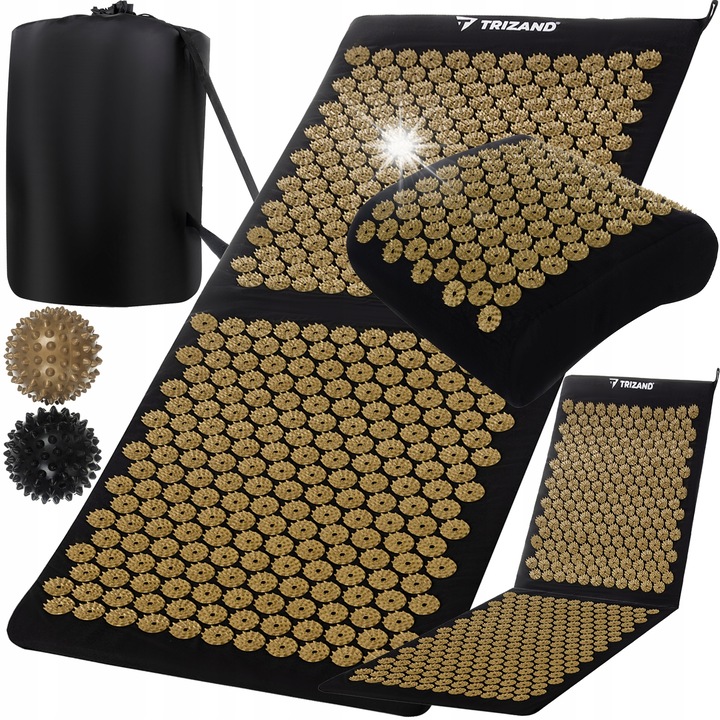 Covoras Trizand, set complet cu pernuta, 2 bile de masaj, negru-auriu, 115x45x2cm, 30x30x11cm