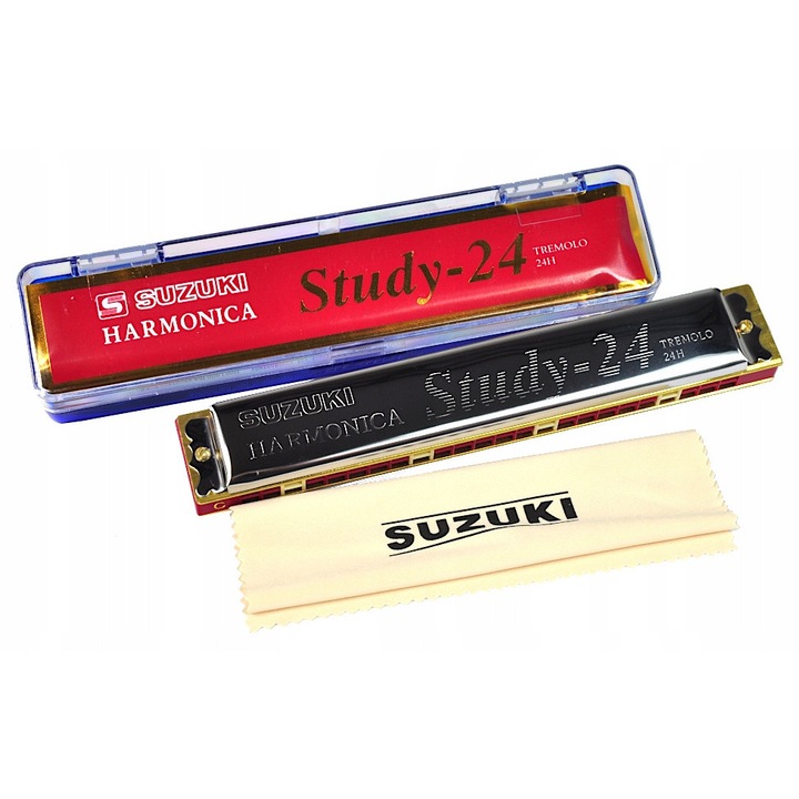 Tremoló szájharmonika, Suzuki, Study-24, C-dúr, kromatikus, 177x27x22mm, tokkal és törlőkendővel