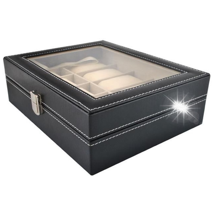 Cutie organizatoare pentru ceasuri, Malatec, 10 compartimente, 25x20x8cm, cu capac din acril