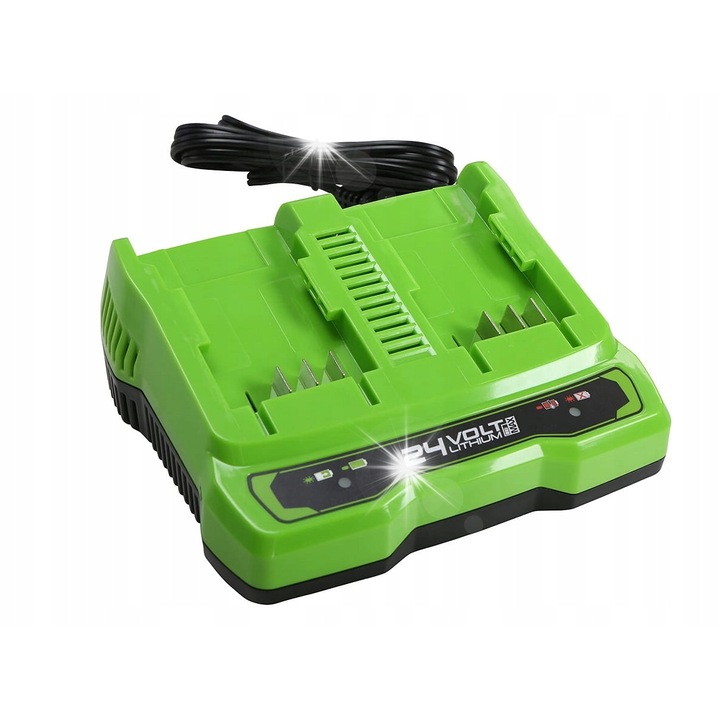 Incarcator Greenworks 24V, 2A, 2 porturi, verde-negru, montare pe perete