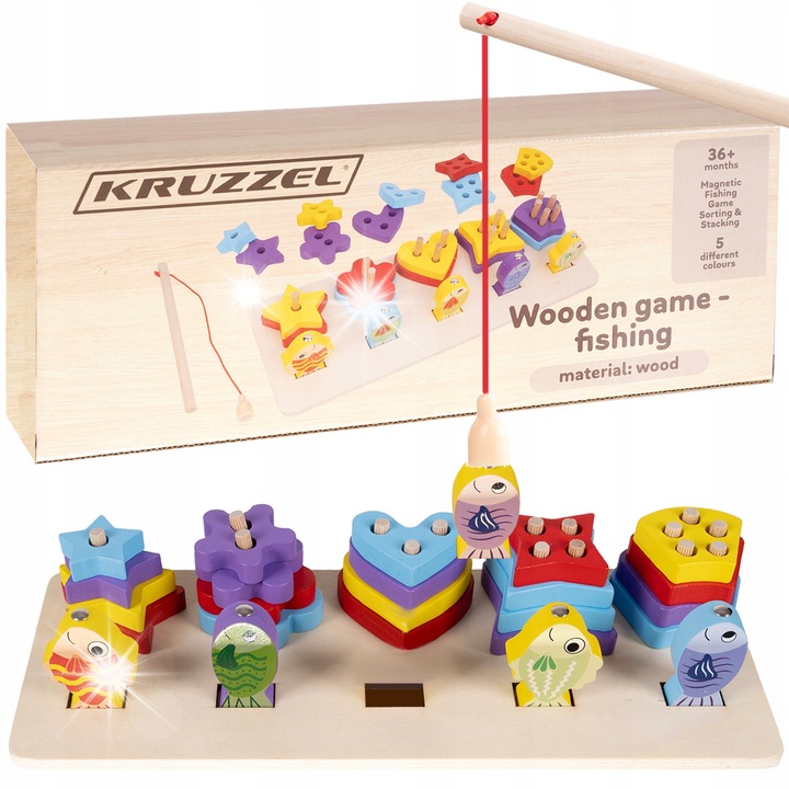 Дървен сортер с 5 форми и игра за риболов, многоцветен, 29,7x11,3 см, комплект Kruzzel