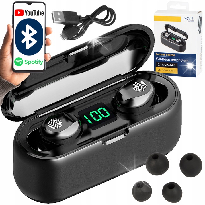 Безжични слушалки, Bluetooth 5.1, powerbank, микрофон, модерен дизайн, 3 размера тапи за уши