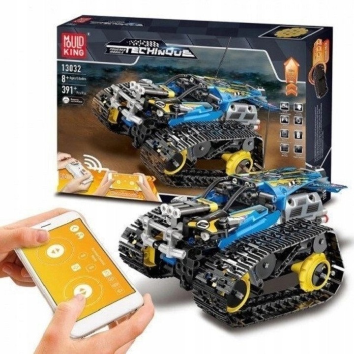 Mould King építőkészlet, kaszkadőr versenyautó, 391 darab, kék-sárga-fekete, 21x15.5x17cm