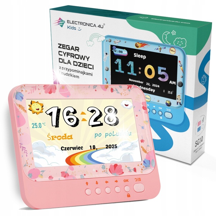 Ceas digital pentru copii, 7 inch, roz, cu functii de alarma si rama foto, set complet