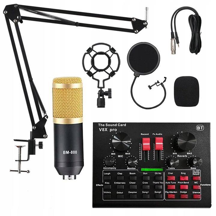 BM800 Pro stúdiómikrofon Bluetooth V8X PRO hangkártyával, teljes készlet, fekete, 45mm