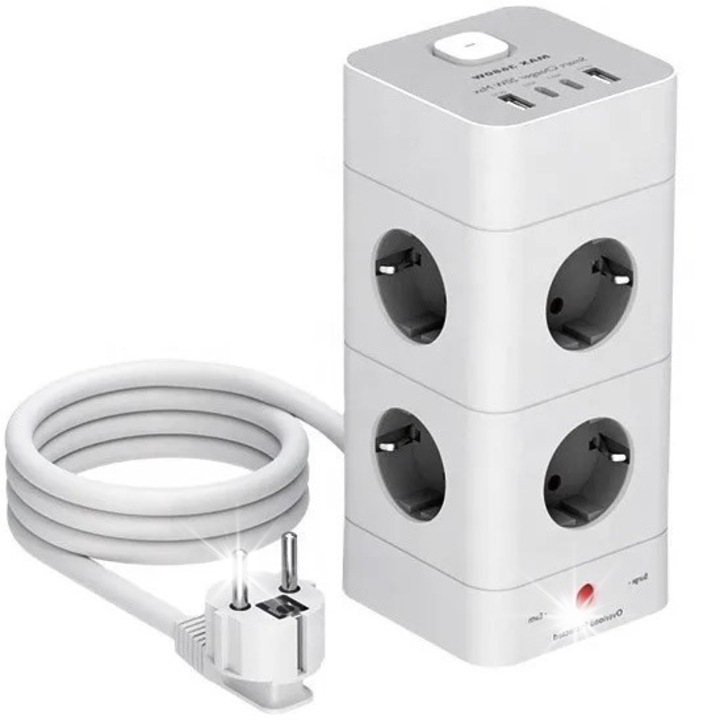 Разклонител ELECTRONICA 4U 12в1, 8 AC гнезда, 2x USB A, 2x USB C, бял, 80x80x174мм