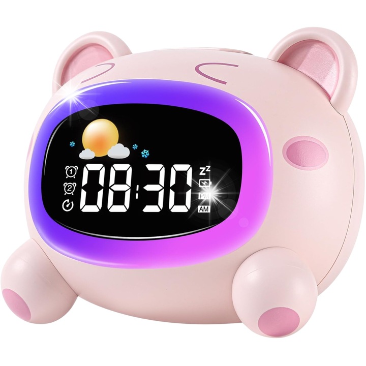 Ceas desteptator LED pentru copii, ELECTRONICA 4U, porcusor roz, functie zi/noapte, 13x12x9cm, set cu cablu USB