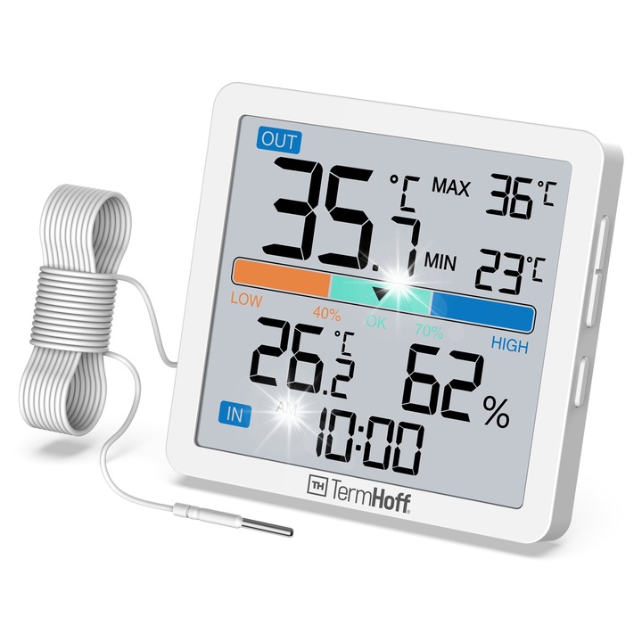Termometru cu senzor cablat TermHoff THM-04, alb, 4.25", set cu 2 baterii CR2032