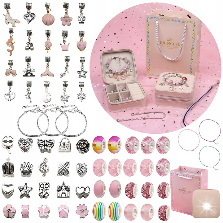 Set de creatie bijuterii, DK, bratari si pandantive, nuante de roz, 20 de mari perle, 3 bratari, etui inclus