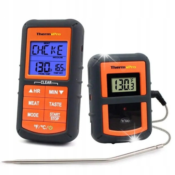 Безжичен термометър за храна ThermoPro TP-07C, оранжев/черен, обхват 150 м, сонди от неръждаема стомана