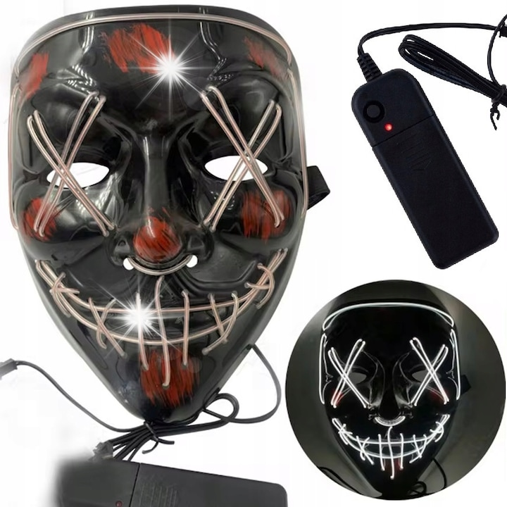 Masca LED neagra pentru Halloween, 3 moduri de iluminare, dimensiuni 20x18cm, set cu controler