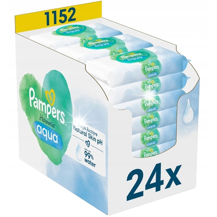 Мокри кърпички Pampers Harmonie Aqua, 24 x 48 броя, 99% вода, без алкохол, без аромати