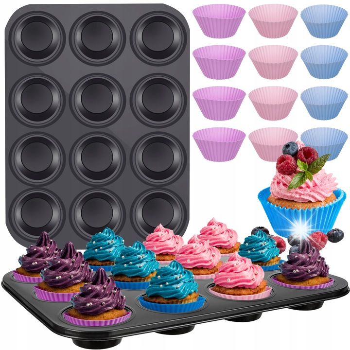 Тава за печене, Ruhhy, с 12 силиконови форми, графит, 35x26,5x3см