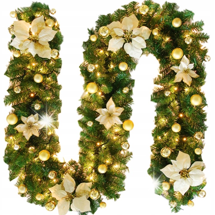 Ghirlanda festiva artificiala cu 30 LED, aurie, 270cm, pentru Craciun