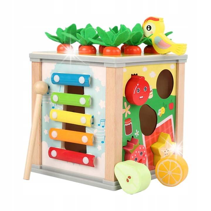 Образователна дървена играчка за сортиране, Kruzzel, 5 функции, многоцветна, 16x15,5x15,5 см, комплект с 5 форми за сортиране, 4 бръмбара, 9 моркова