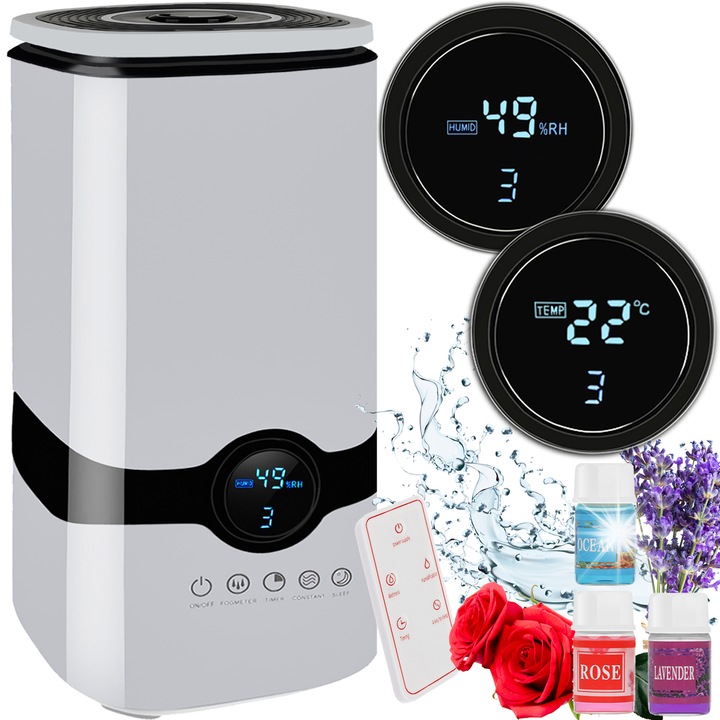 Ултразвуков овлажнител за въздух с ароматерапия Ruhhy, 4L, 300ml/h, бял, комплект с 3 етерични масла